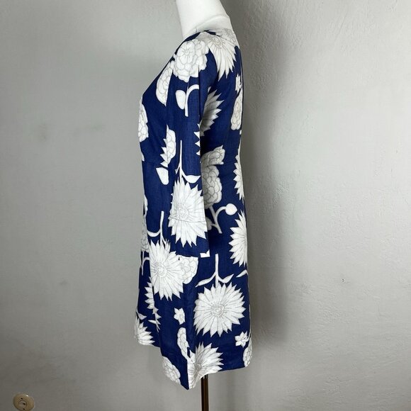 BODEN 100% Linen Blue Floral 3/4 Sleeve Tunic Knee Length Dress Size‎ UK 8 US 4 - Picture 5 of 14
